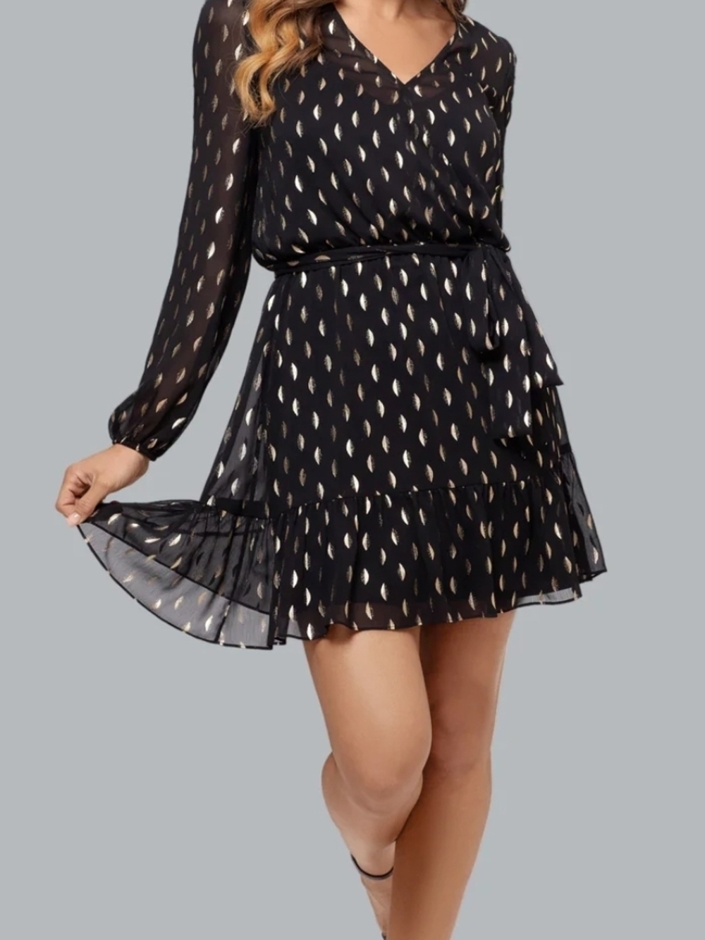 NWT $34 Black Metallic Dot Long-Sleeve Wrap Dress - Picture 4 of 6